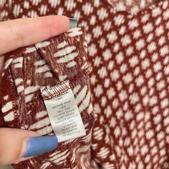 LOFT Womens Rust Red Short Sleeve Geometric Pattern 100% Linen Blouse Medium - Picture 5 of 6